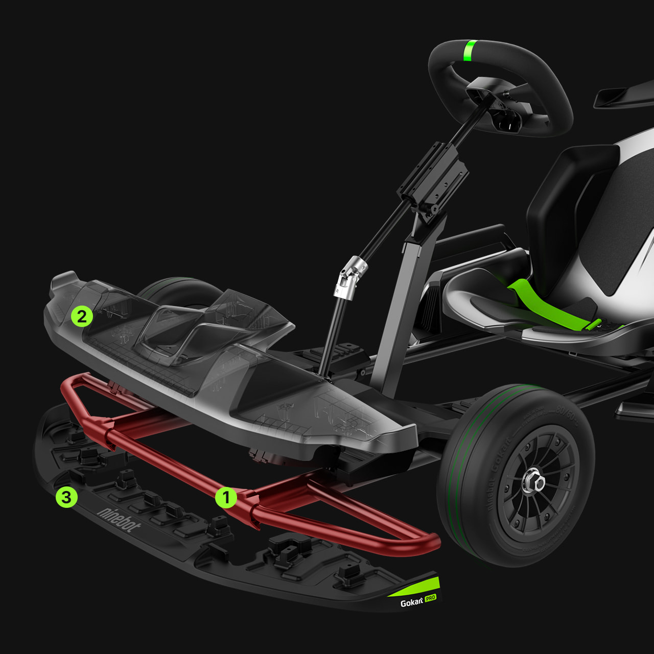 В конструкции Ninebot Go-Kart Pro предусмотрена трёхступенчатая защита водителя от столкновений